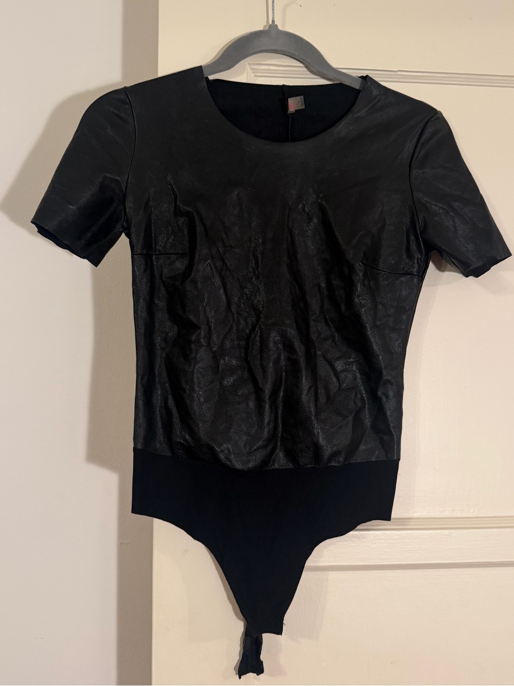 Commando Black Faux Leather Short Sleeve Bodysuit with Knit Bottom